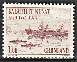 FRIMÆRKER GRØNLAND | 1974 - AFA 88 - Kongelige grønlandske handel 200 år. - 1,00 kr. rød - Postfrisk